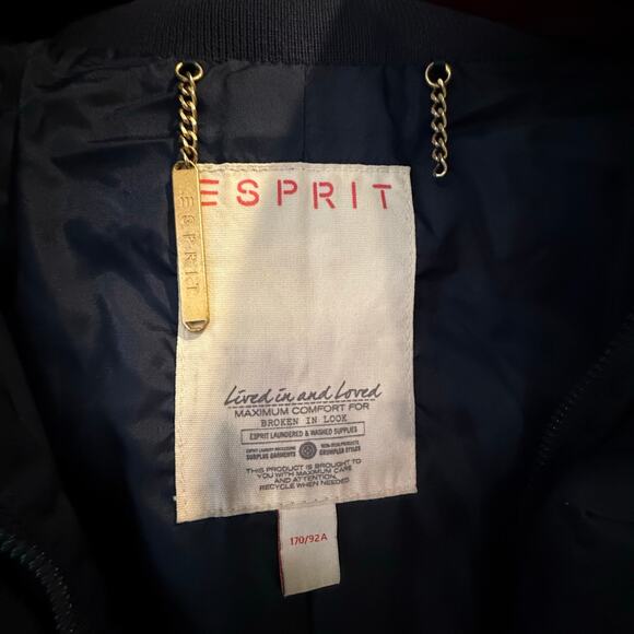 Esprit Quilted Down Puffer Jacket Parka Long Navy Gold Fur Detachable Hood Sz L - Picture 7 of 16